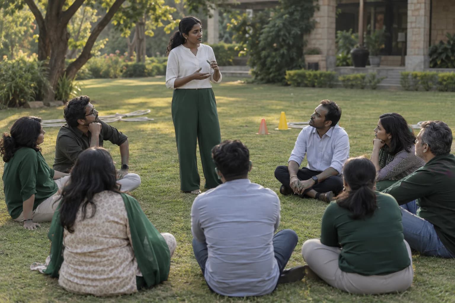 A team sitting in a circle on the grass for a debrief after an outdoor activity.