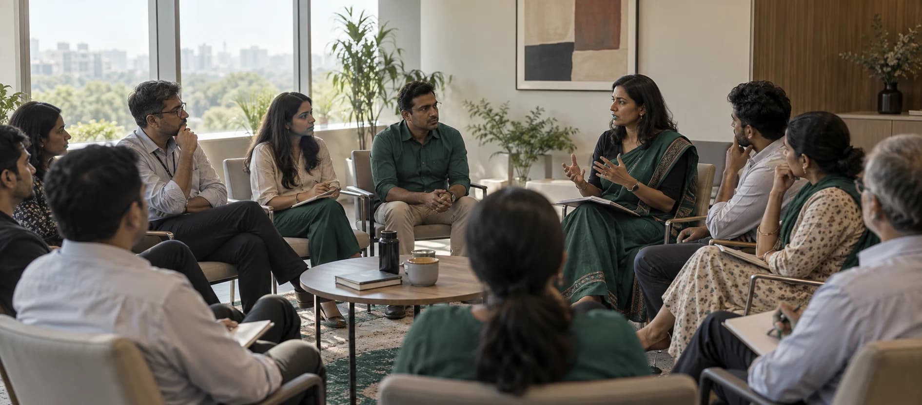 A facilitator leading a PoSH awareness session with a seated group of employees.